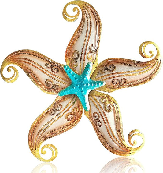 POXOHO Starfish Outdoor Wall Decor, 12" Outdoor Fence Wall Art Decor, Hanging Metal & Glass Sculpture for Garden Fence Patio(Apricot)
