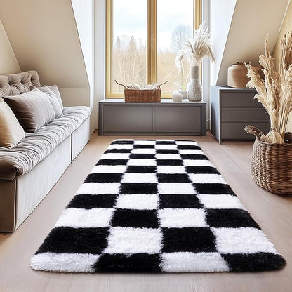 Fluffy Area Rugs for Living Room, Shaggy Carpets for Living Room, Upgrade Anti-Slip Fuzzy Rugs for Kids' Room, Perfect Decor for Modern Home Black White Grid 2x6 Ft