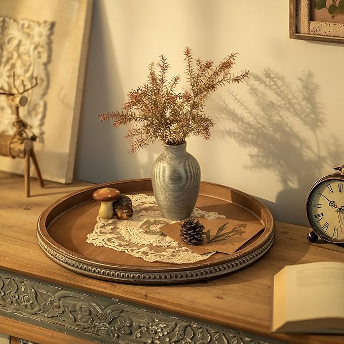 Hanobe Large Round Decorative Tray: Farmhouse Neutral Coffee Table Decor Wood Beaded Trays Vintage Ottoman for Home Counter Living Room