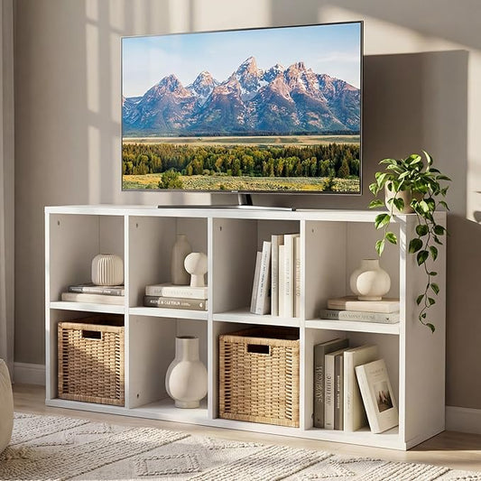 YESHOMY Modern TV Stand for Televisions up to 55 Inch, Mind Century Entertainment Center with 8 Open Shelves for 32/43/50/55 Inchs TVs, Media Furniture for Living Room, White