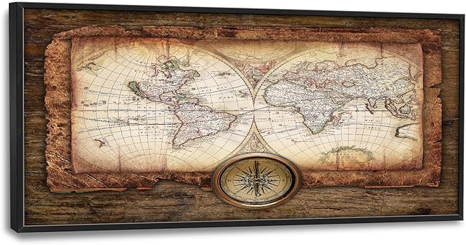 Large World Map Wall Art Vintage Maps Pictures Wall Decor for Office Abstract Farmhouse Oversized Canvas Painting Rustic Extra Large Framed Artwork for Bedroom Living Room Ready to Hang 30"x60"