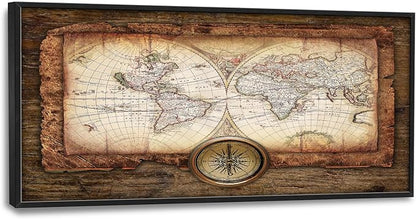 Large World Map Wall Art Vintage Maps Pictures Wall Decor for Office Abstract Farmhouse Oversized Canvas Painting Rustic Extra Large Framed Artwork for Bedroom Living Room Ready to Hang 30"x60"