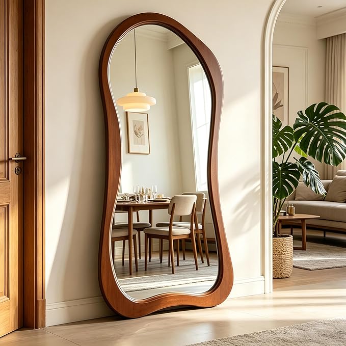Large Irregular Mirror, 67"x31.5" Asymmetrical Full Length Mirrors with Solid Wood Frame, Premium Aesthetic Floor Mirror for Living Room Entryway Hallway Bedroom Cloakroom, Leaning/Hanging