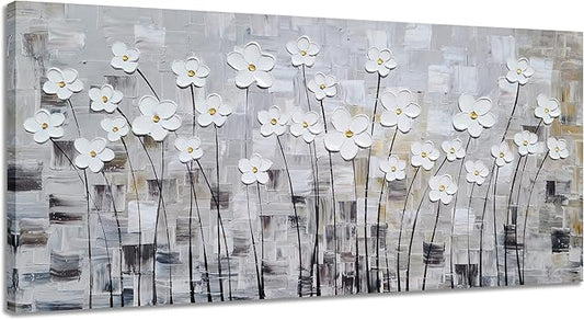 YHSKY ARTS Flower Picture Wall Decor with Heavy Textured Modern Grey and White 3D Paintings Contemporary Aesthetic Artwork for Living Room Bedroom Bathroom Decor
