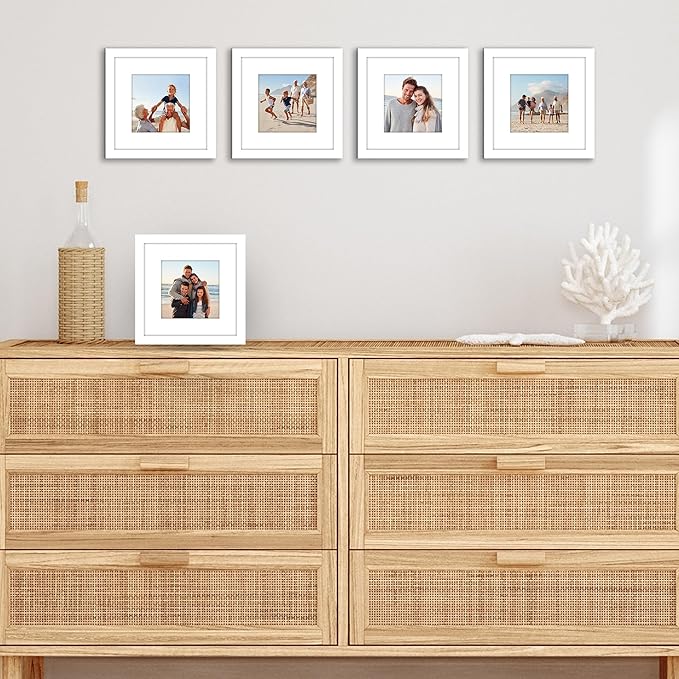 Americanflat 8x8 Picture Frame with Polished Plexiglass - Set of 5 - Use as 5x5 Frame with Mat or Display 8x8 Photo Without Mat - Galleria Collection - Square Frames for Tabletop and Wall - White