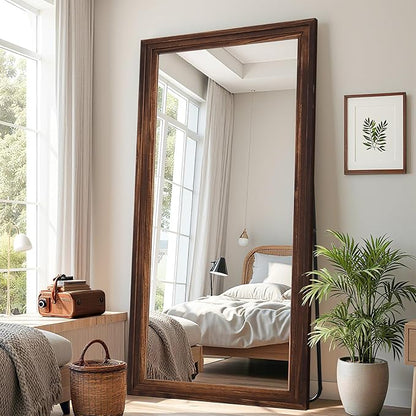 Antok Full Length Mirror with Solid Wood Frame, 71"×32" Wall Mounted Oversized Floor Mirror with Stand, Leaning Standing Hanging for Bedroom Living Room Entryway, Walnut, Rect Style