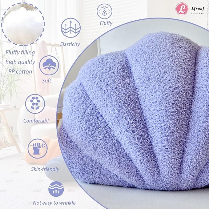 Lfsaaj Lavender Seashell Throw Pillows, Shell Shaped Throw Pillows, 13 Inch Soft Home Decorative Pillow Plush Cushion for Bed Couch Living Sofa Room Decor Accent Throw Pillow
