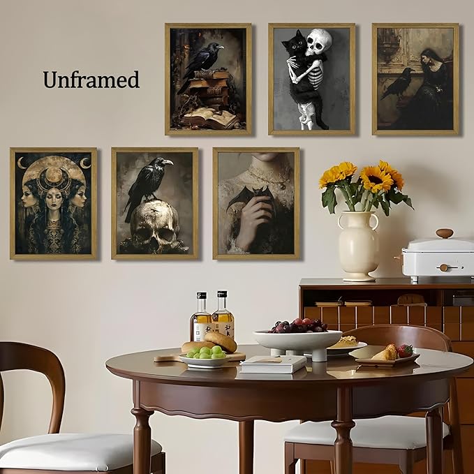 XYHYRA Vintage Gothic Wall Art Set of 6, Dark Academia Witchy Posters, Victorian Raven & Skull Prints, Halloween Home Decor for Living Room Bedroom Bathroom 12x16 Inch Unframed