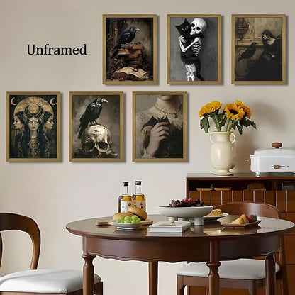 XYHYRA Vintage Gothic Wall Art Set of 6, Dark Academia Witchy Posters, Victorian Raven & Skull Prints, Halloween Home Decor for Living Room Bedroom Bathroom 12x16 Inch Unframed