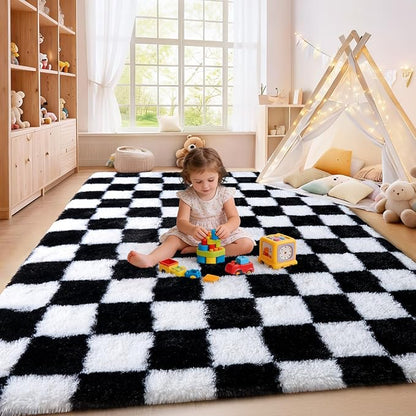 Area Rugs for Living Room, Shaggy Carpets for Living Room, Fuzzy Rugs for Kids' Room, Perfect Decor for Modern Home Black White Grid 6x9 Ft