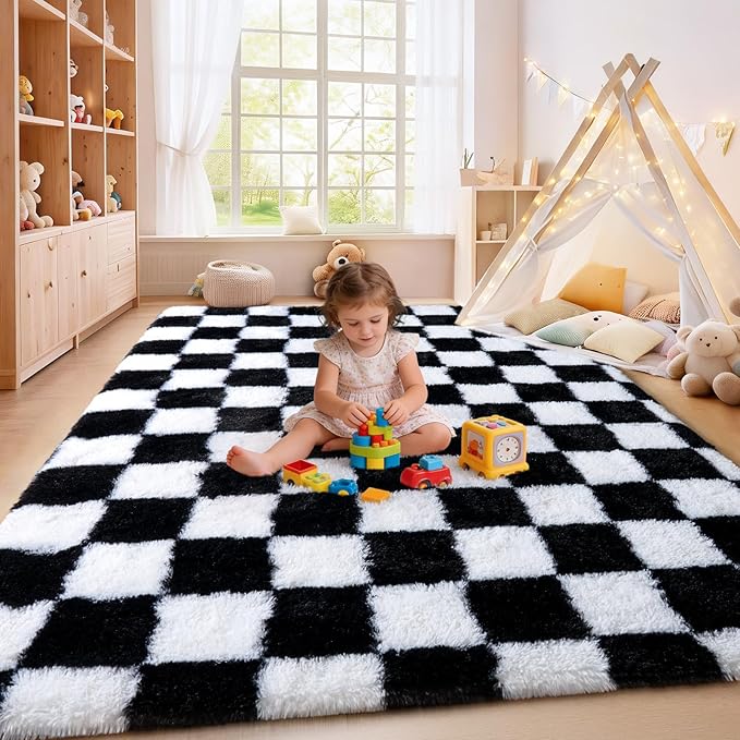 Area Rugs for Living Room, Shaggy Carpets for Living Room, Fuzzy Rugs for Kids' Room, Perfect Decor for Modern Home Black White Grid 9x12 Ft