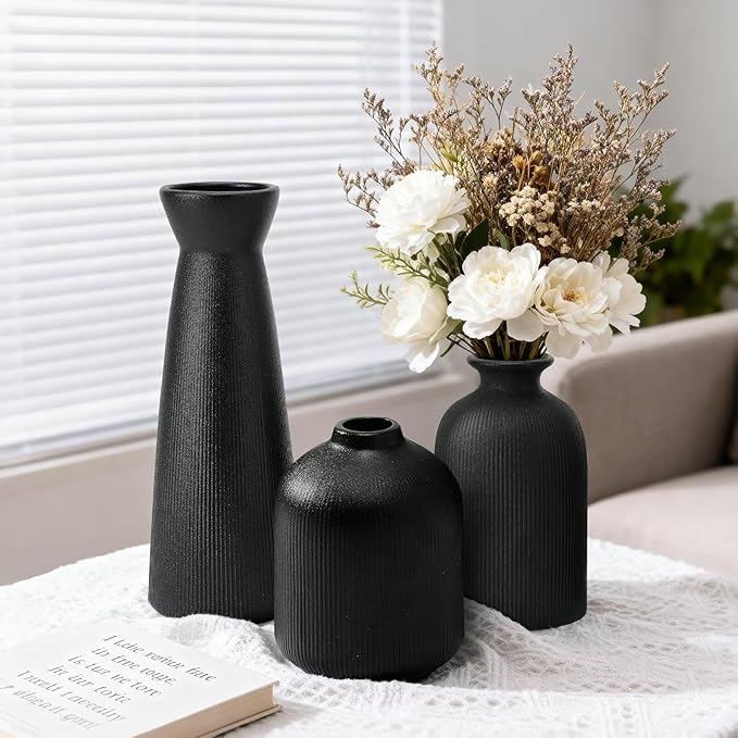 Black Ceramic Flower Vases Set of 3, Valentine's Day Gift Vases with Vertical Stripe Texture, Modern Decorative Vases for Dried Flowers, Home Decor Vases for Living Room Bedroom Kitchen Shelf