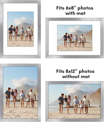 Americanflat 8x12 Picture Frame with Polished Plexiglass - Set of 5 - Use as 6x8 Frame with Mat or Display 8x12 Photo Without Mat - Galleria Collection - Picture Frames for Wall Display - Silver