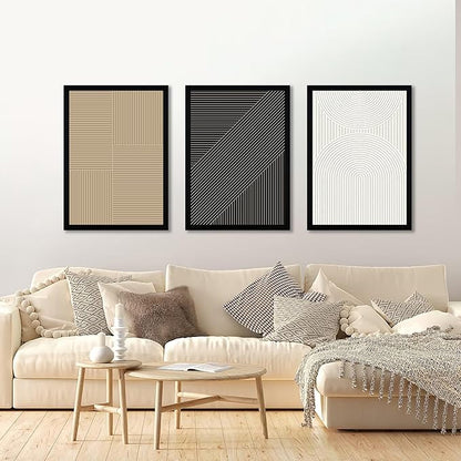 FWAHREN Framed Modern Abstract Minimalist Neutral Canvas Wall Art Set of 3, Geometric Textured Line Mid Century Prints Artwork, Contemporary Japandi Wall Decor, Living Room Bedroom Office, 16x24in
