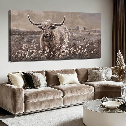Neutral Beige and Brown Highland Cow Canvas Wall Art - 29x58 Inch Large Framed Painting for Modern Living Room, Rustic Bedroom, Farmhouse Office, Vintage Home Decor