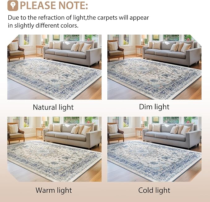 BESTSWEETIE 2x3 Area Rug Washable Rugs for Living Room, No Pile Boho Carpet for Entryway Bedroom Dinning Room, Vintage Carpet Print Distressed Non-Slip, 2 x 3 ft, Beige Blue