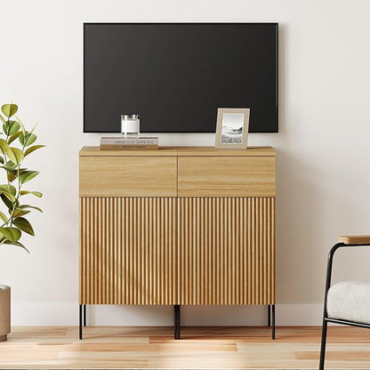 WAMPAT Fluted TV Stand TVs up to 35", 31.5" W Modern TV Entertainment Center with Storage Cabinets and 1 Drawers & 2 Doors, Wood Media TV Console Table with Storage for Living Room, Oak