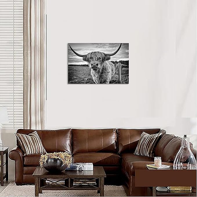 Highland Cow Canvas Wall Art Black and White Cow Photos for Wall Nature Cow Picture Framed Animal Poster Artwork for Bathroom Decor (20x30inches)