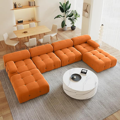 138'' Modular Sectional Couch, U-Shaped Velvet Sofa with Reversible Chaise Ottoman, Minimalist 6-Seat Bubble Sofa, Modern Cloud Sectional Couches for Living Room, Apartment (6 Seats, Orange)