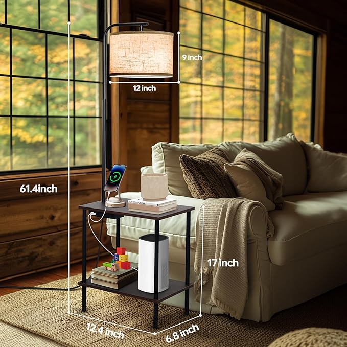 EOEYYOYB Floor Lamp with Table, End Table Lamp with USB Charging Port Power Outlet and Shelves, Side Table Reading Light with 3 Color Temperature Led Bulb Included, Floor Lamps for Living Room, Walnut