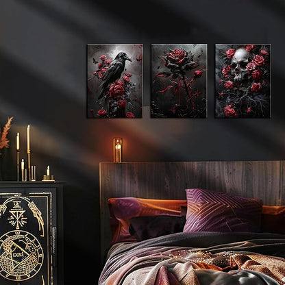 Gothic Canvas Wall Art Set of 3, Romantic Rose Halloween Wall Decor Paintings, Dark Goth Crow Skull Posters Prints for Bathroom Living Room Gallery Home Decor 12x16In Framed