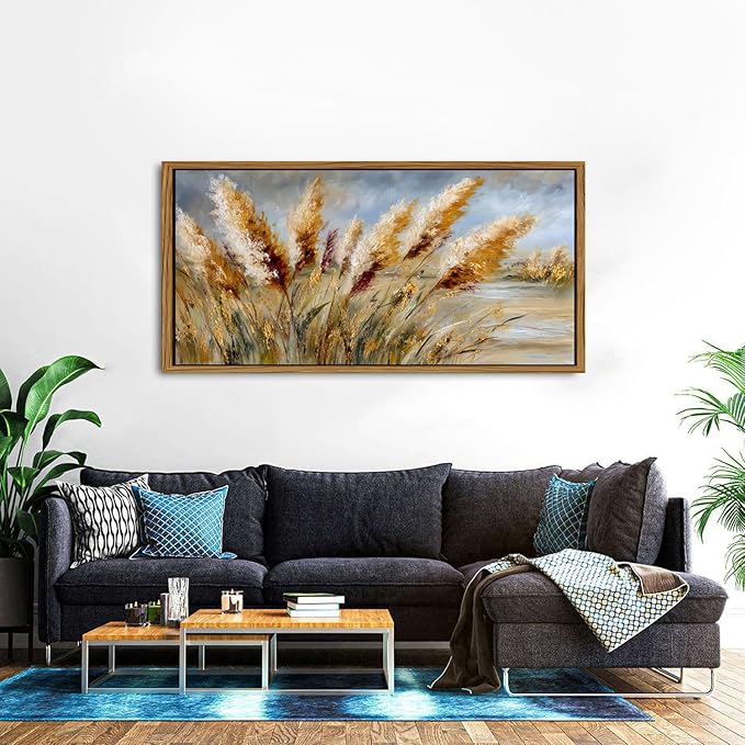 Vintage Wheat Field Framed Wall Art Countryside Golden Wheat Decor Farmhouse Rustic Landscape Picture Canvas Prints for Bathroom Kitchen Decorations Nature Botanical Painting Classical Artwork 30x57.8"