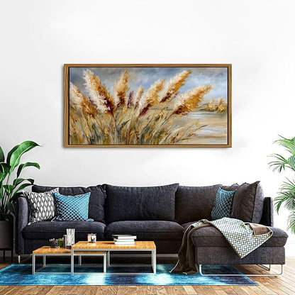 Vintage Wheat Field Framed Wall Art Countryside Golden Wheat Decor Farmhouse Rustic Landscape Picture Canvas Prints for Bathroom Kitchen Decorations Nature Botanical Painting Classical Artwork 30x57.8"