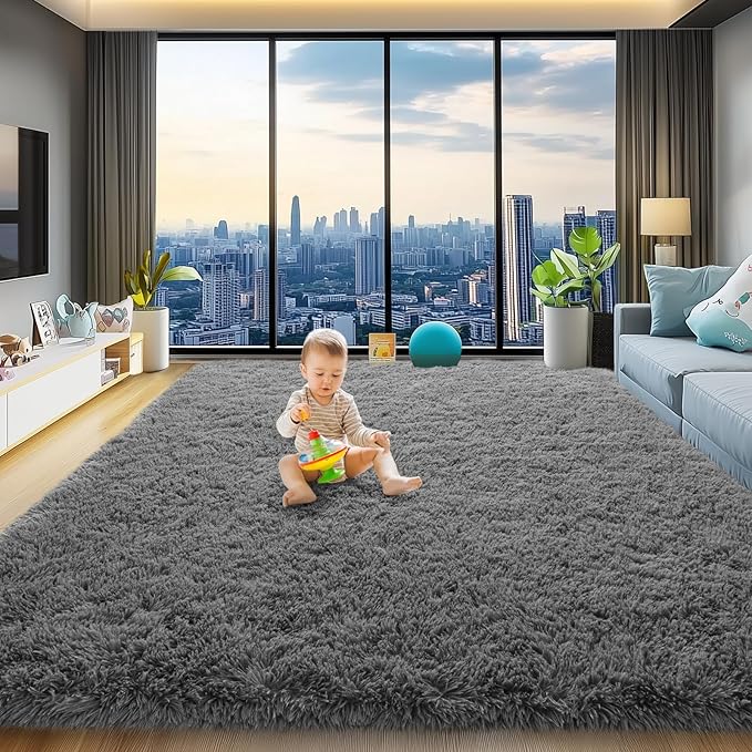 qulint Living Room Area Rug 8x10, Soft Fluffy Large Rug for Bedroom Shag Shaggy Grey Carpet for Boys Room, Fuzzy Plush Modern Alfombras for Dorm Nursery Playroom Home Decor (8ft x 10ft, Dark Gray)