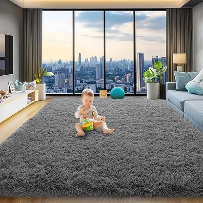 qulint Living Room Area Rug 8x10, Soft Fluffy Large Rug for Bedroom Shag Shaggy Grey Carpet for Boys Room, Fuzzy Plush Modern Alfombras for Dorm Nursery Playroom Home Decor (8ft x 10ft, Dark Gray)