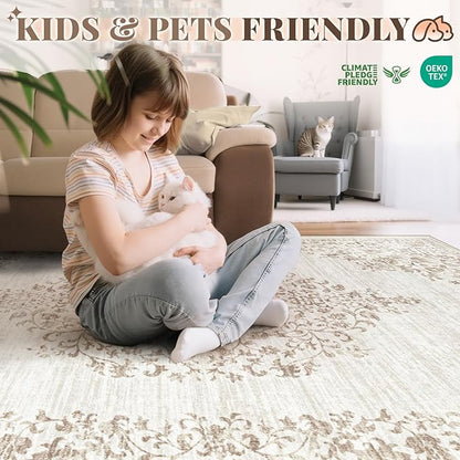 Area Rug 9x12 Vintage Rug: Large Washable Indoor Medallion Rugs Low Pile Distressed Floor Carpet Retro Accent Rug for Living Room Bedroom Kitchen Dining Table Home Office(Vintage Beige, 9'x12')