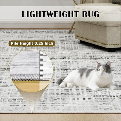 9x12 Area Rugs Washable Rug: Anti-Skid Abstract Modern Living Room Rug Soft Thin Carpets Indoor Floor Non-Shedding Carpet for Bedroom Dining Farmhouse Nursery Home Office (White Gray, 9'x12')