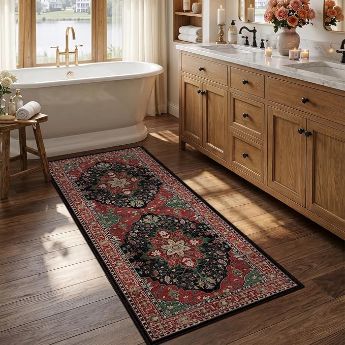 RELEANY Area Rugs 2'6"x5' Runner Rug Non Slip Washable for Kitchen Hallway Bedroom Beside Laundry Room Bathroom Rug, Floor Carpet, Red Black