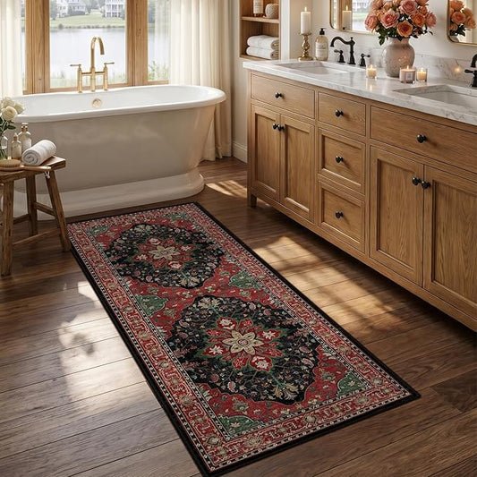 RELEANY Area Rugs 2'6"x5' Runner Rug Non Slip Washable for Kitchen Hallway Bedroom Beside Laundry Room Bathroom Rug, Floor Carpet, Red Black
