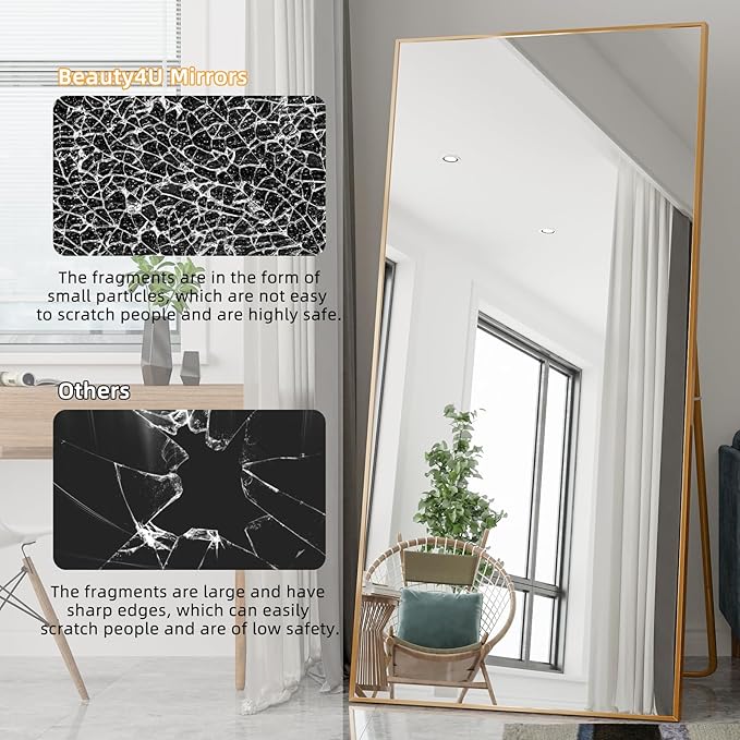 Beauty4U 79" x 39" Full Length Mirror with Stand, Large HD Tempered Glass Floor Mirror, Wall Mounted/Leaning/Standing, Gold Metal Frame Full Body Mirror for Bedroom, Living Room, Dressing Room