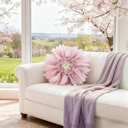 Handmade 3D Flower Throw Pillow Pink Decorative Daisy Floral Accent Pillow Cute Round Velvet Cushion for Bed Couch Car Chair Bedroom Living Room Boho Farmhouse Home Decor 14Inch Rose Gold