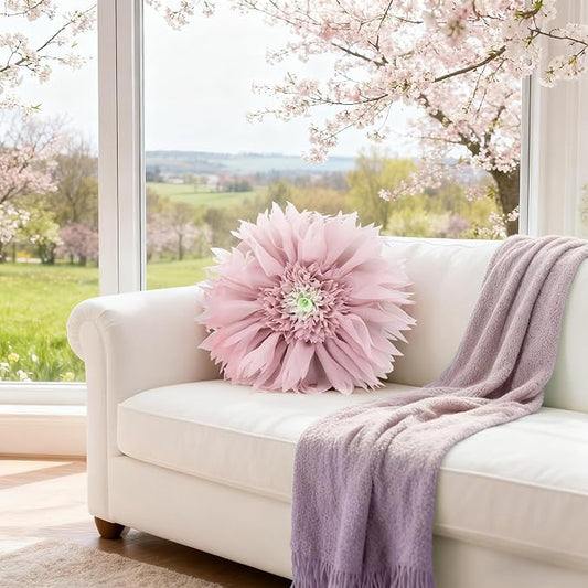 Handmade 3D Flower Throw Pillow Pink Decorative Daisy Floral Accent Pillow Cute Round Velvet Cushion for Bed Couch Car Chair Bedroom Living Room Boho Farmhouse Home Decor 12Inch Rose Gold