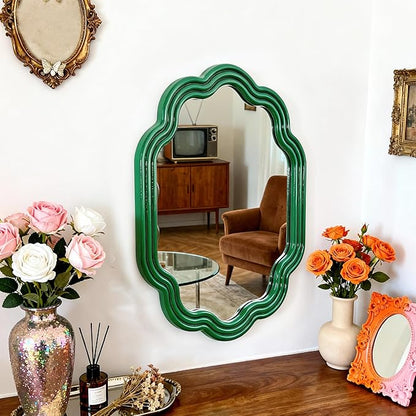 Green Wavy Oval Mirror 16x20 Scalloped Wall Mounted Unique Wooden Frame Modern Mirror for Bedroom Living Room Entryway Hallway