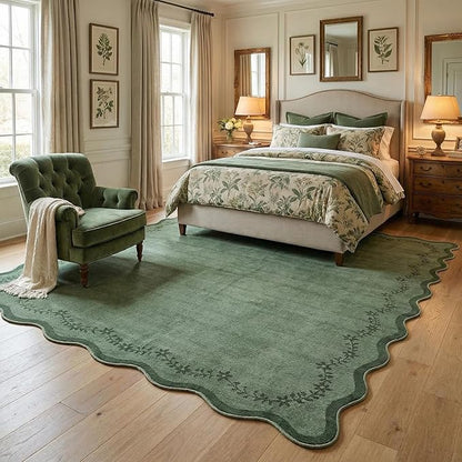 GarveeHome 5x7 Scalloped Area Rug Green Washable Rugs for Living Room Bedroom, Soft Low Pile Non Slip Accent Floor Mat Solid Floral Print Throw Rug Farmhouse Indoor Carpet for Dorm Playroom