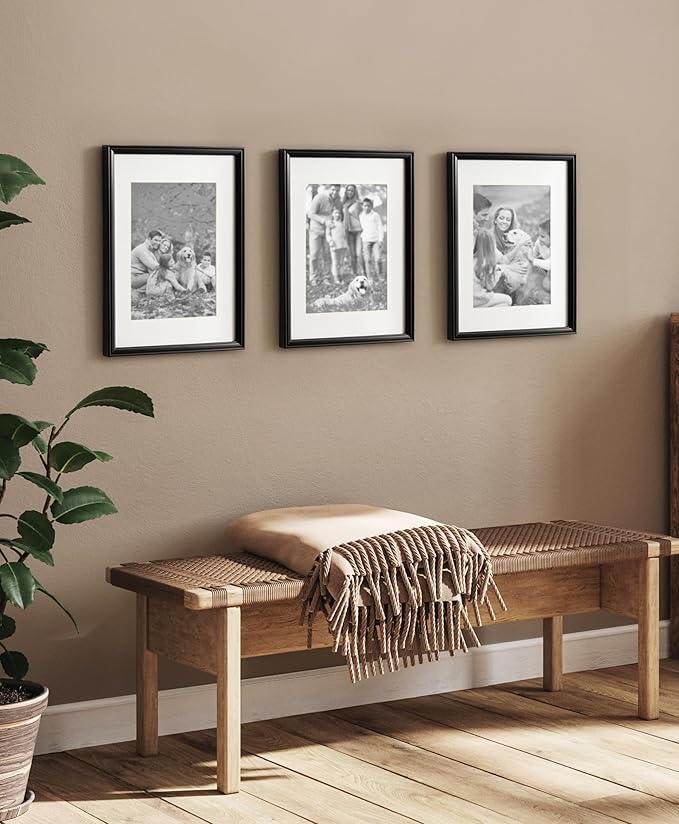 Kate and Laurel Adlynn Rectangle Picture Frame Set of 3; 14 x 18 matted to 11 x 14; Black; Modern Three-Piece Frame Set for Gallery Wall Frame Set in Living Room Wall Decor
