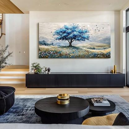 SERIMINO Tree of Life Large Wall Art, Country Landscape Canvas Art Prints, Blue Tree Nature Artwork for Walls, Modern Wall Pictures for Living Room Bedroom Dining Room, Rustic Farmhouse Decor 29"X57"