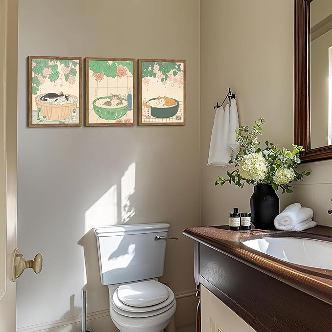 Japanese Cat Bathroom Wall Art Set of 3, Funny Cat in Bathtub Canvas Wall Decor Paintings, Vintage Japandi Cute Animal Aesthetic Poster Prints Pictures for Restroom Bathroom 12x16 Inch Framed