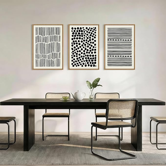 KAIRNE Abstract Black and White Framed Canvas Wall Art Set, Modern Geometric Wall Decor, Minimalist Line Art Prints, Neutral Boho Dots Artwork for Living Room, Bedroom, Farmhouse, Office -16"x24"x3