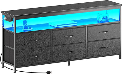 Huuger LED TV Stand for Bedroom, 55 Inch Fabric Dresser with Power Outlets, Entertainment Center for 60, 55, 50 Inch TV, 6 Drawer Dresser for Bedroom, Chest of Drawers with Shlef, PU Leather, Black