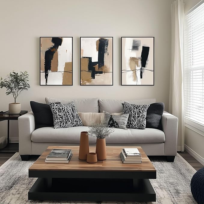 SAFERRYHOME Neutral Abstract Wall Art Tan and Black Framed Canvas Print Set, Mid-Century Modern Brown Minimalist Shapes for Living Room, Bedroom, Office - Ready to Hang - Set of 3, 16x24 Inch