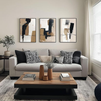 SAFERRYHOME Neutral Abstract Wall Art Tan and Black Framed Canvas Print Set, Mid-Century Modern Brown Minimalist Shapes for Living Room, Bedroom, Office - Ready to Hang - Set of 3, 16x24 Inch
