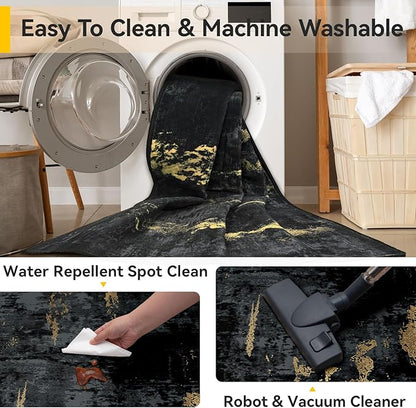 RELEANY Washable Area Rugs 2'6"x10 Non-Slip Modern Abstract Soft for Living Room Entryway Bedroom Nursery, Print Pattern, Dark Black Gold