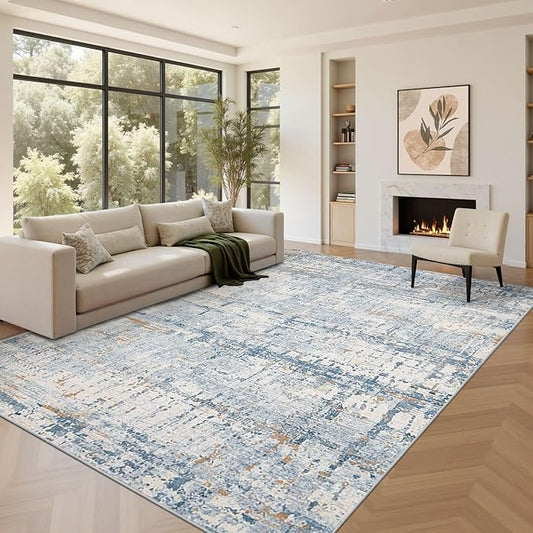 Rugxara Blue 8x10 Area Rugs,Large Soft Rugs for Living Room, Blue Washable Rug, Modern Abstract Rugs for Bedroom Dining Room, Non-Slip Foldable Thin Indoor Carpet Stain Resistant(Blue Beige)