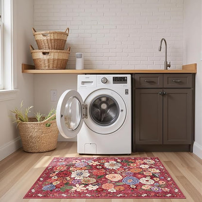 2x4 Entryway Runner Rugs, Non Slip Washable Rugs with Rubber Backing Soft Floral Carpet Runner for Kitchen, Laundry, Bedroom, Bathroom, Red Garden, 2 x 4