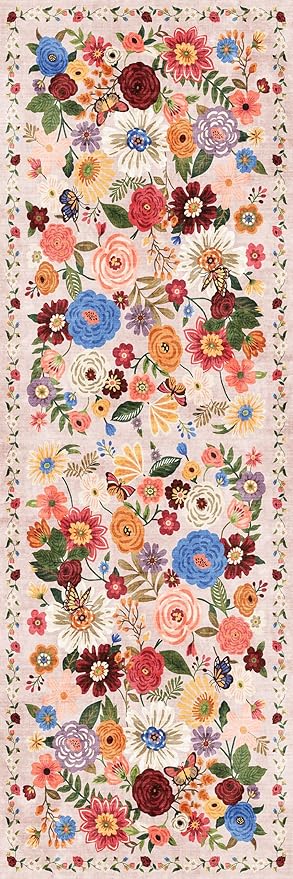 Rug for Hallways Kitchen Rug 2'6" x 14', Non Slip Washable Rugs with Rubber Backing Soft Floral Carpet Runner for Hallways, Kitchen, Laundry, Bedroom, Bathroom, Beige Garden