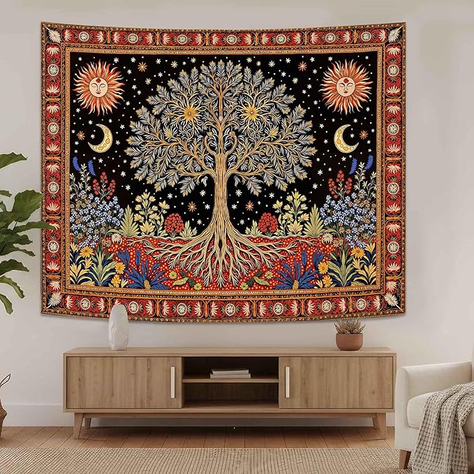 Lunerfex Tree of Life Wall Tapestry - Celestial Sun & Moon Wall Hanging for Bedroom and Living Room Decor - Boho Starry Night Tapestries 60"x44"